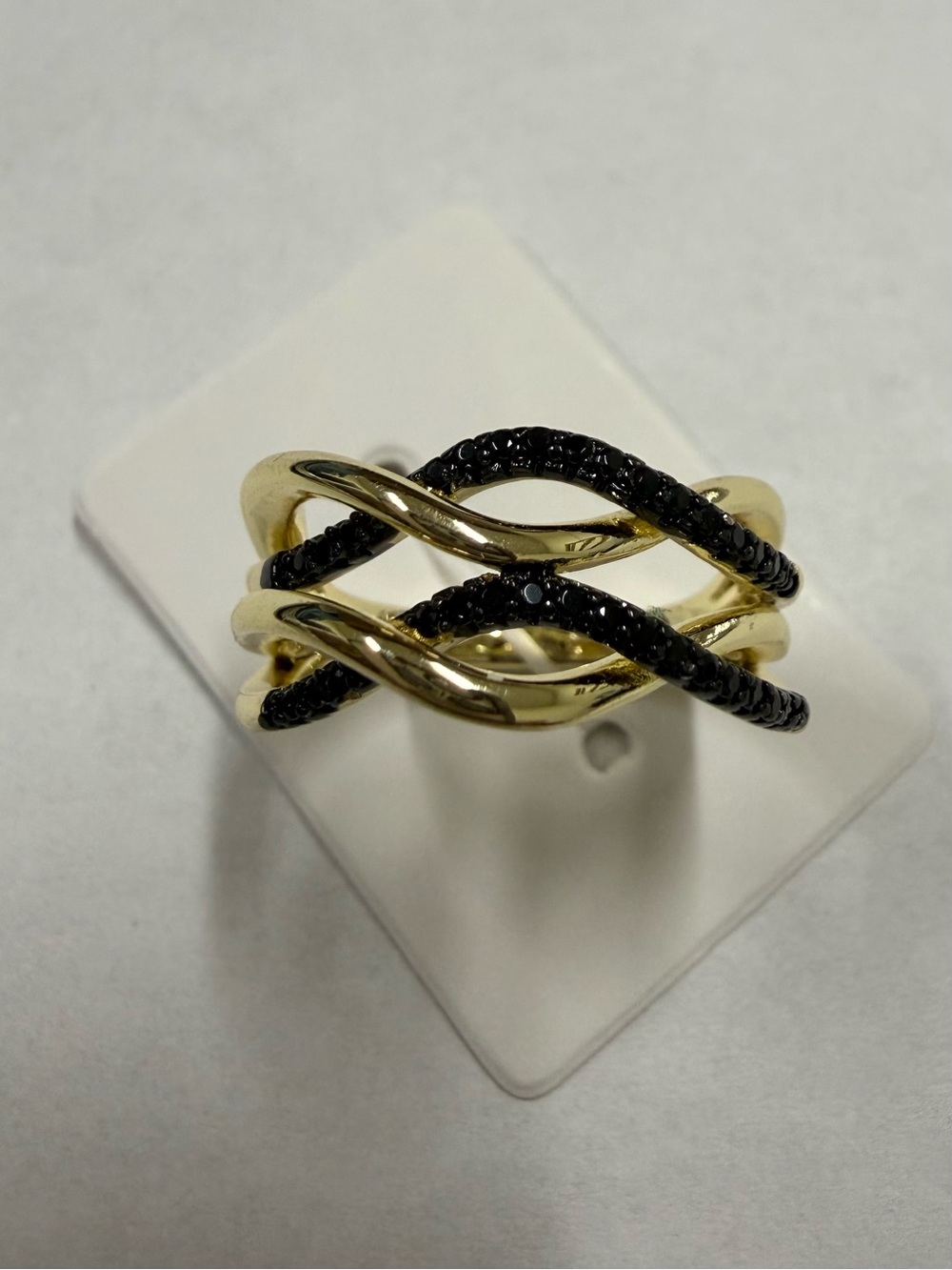 14K Gold Electroplated and Black Cz Stone Wave Ring